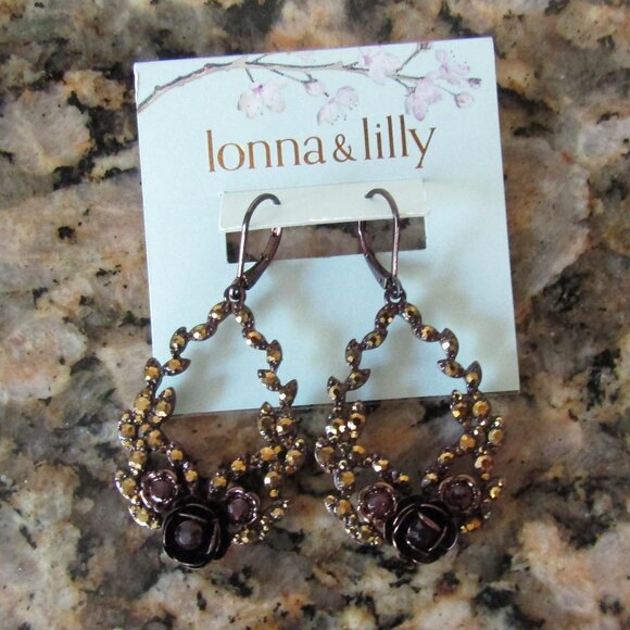Lonna & Lilly Brown Gold-Tone Flower Open Drop Earrings - Picture 2 of 6